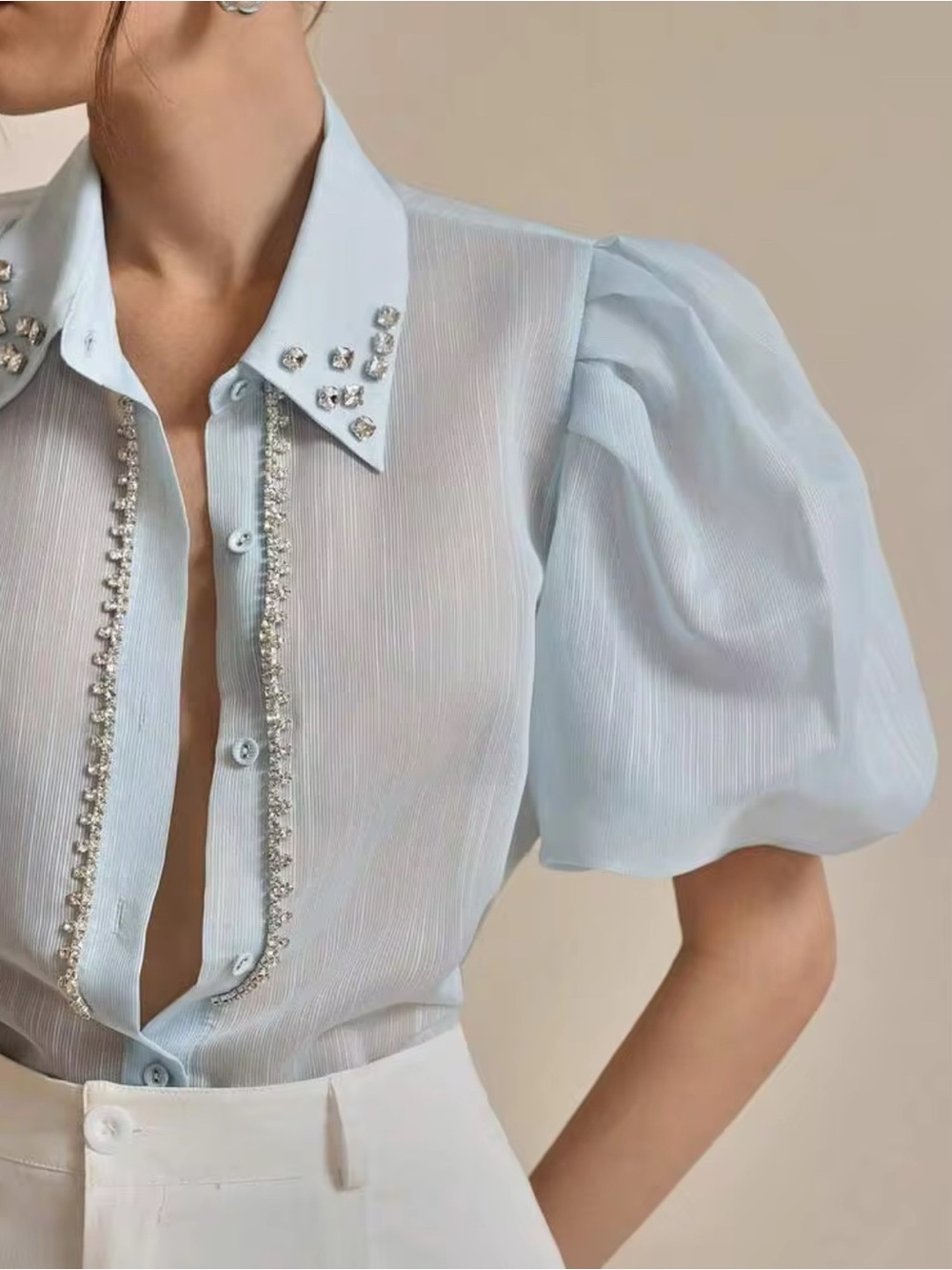 NWT Anewsta Elegant Modern Puff Sleeve Rhinestone Embellished Blouse